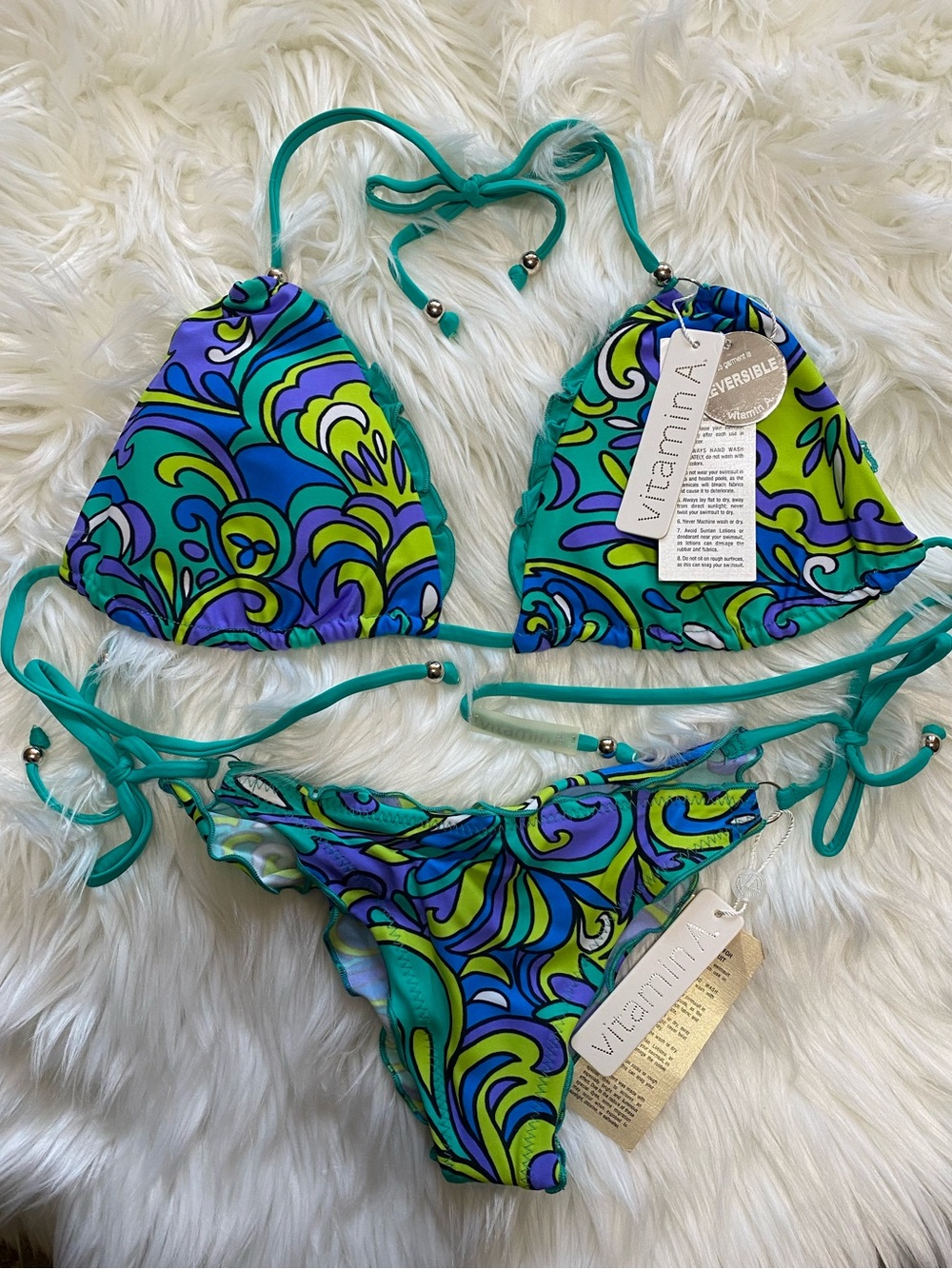 Vitamin A Swimwear Rio Ruffle Bikini L Top/XS Bottom NEW with tags RARE VINTAGE